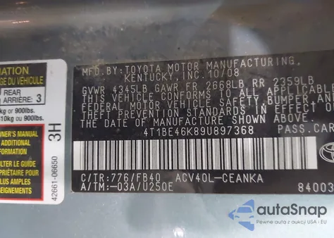 2009 Toyota Camry Se/Le/Xle from USA, damaged, VIN 4T1BE46K89U897368